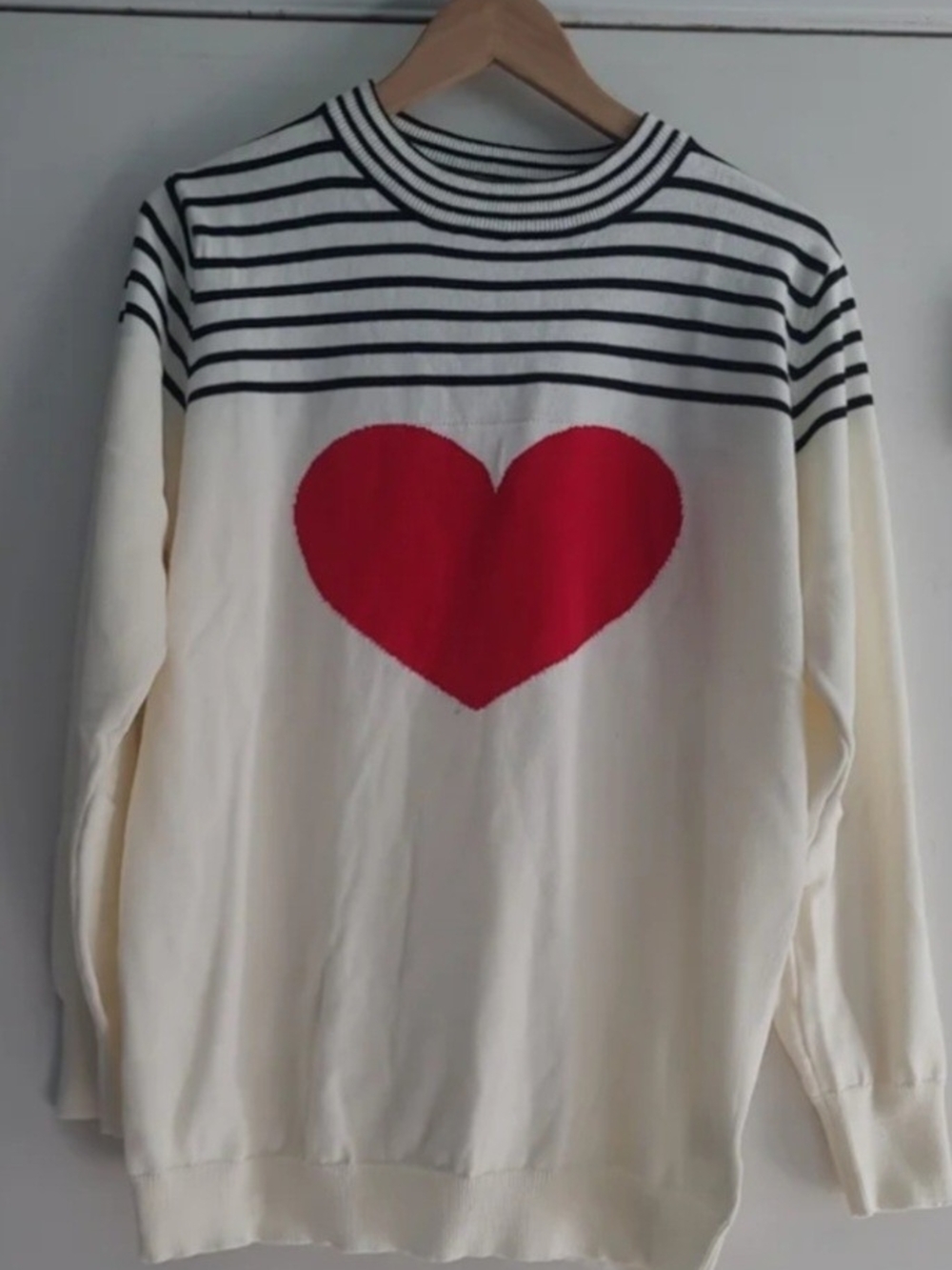 OxKnit Brand Cream Stripe Sweater with Red Heart